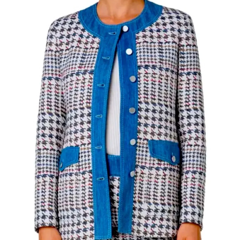 Akris Punto denim trim houndstooth Jacquard collarless Jacket 8 - Picture 2 of 11